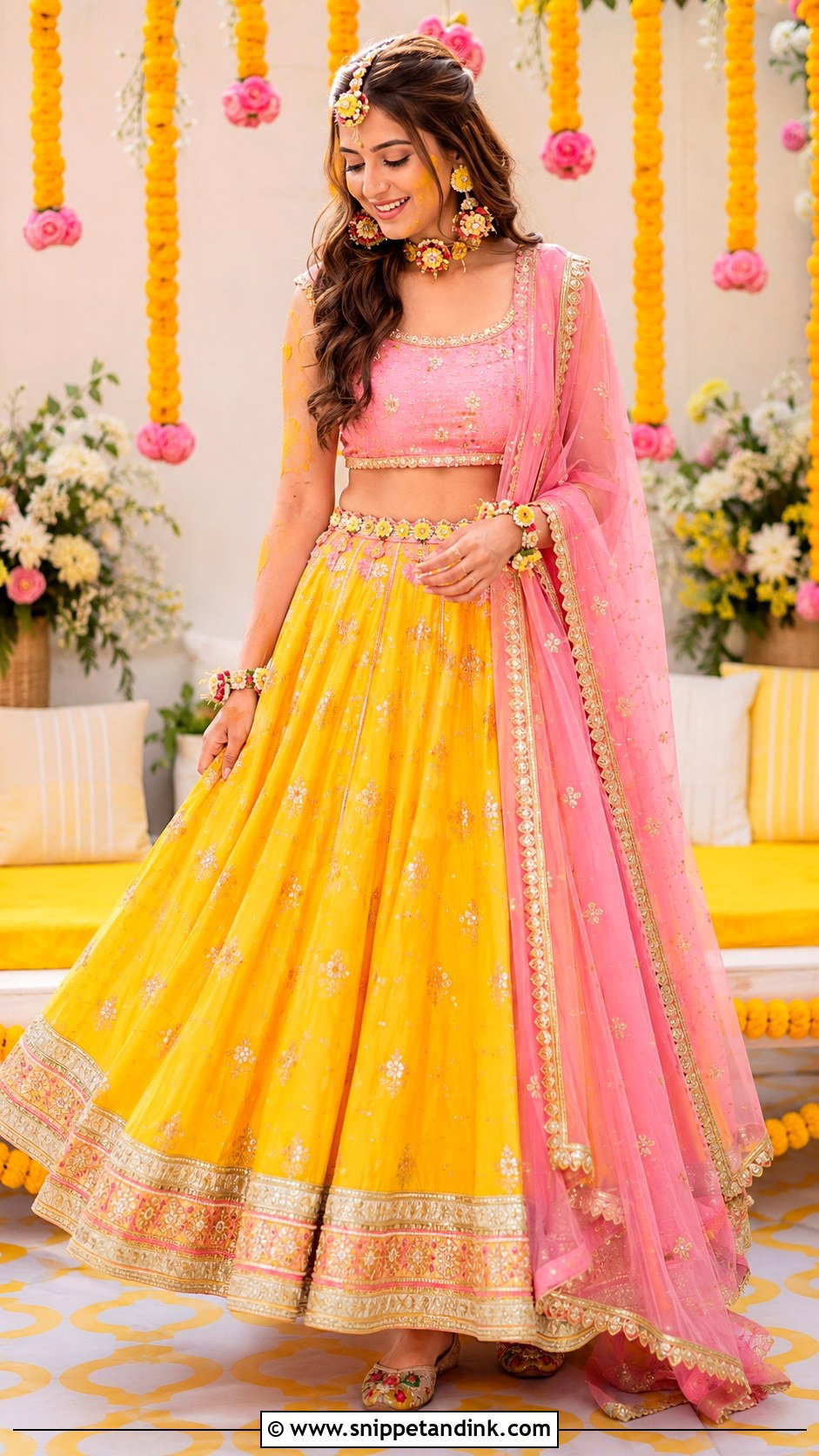 Pink And Yellow Lehenga For Haldi Bride - Snippet and Ink - 25 Outfit for Haldi Function for Bride Ideas