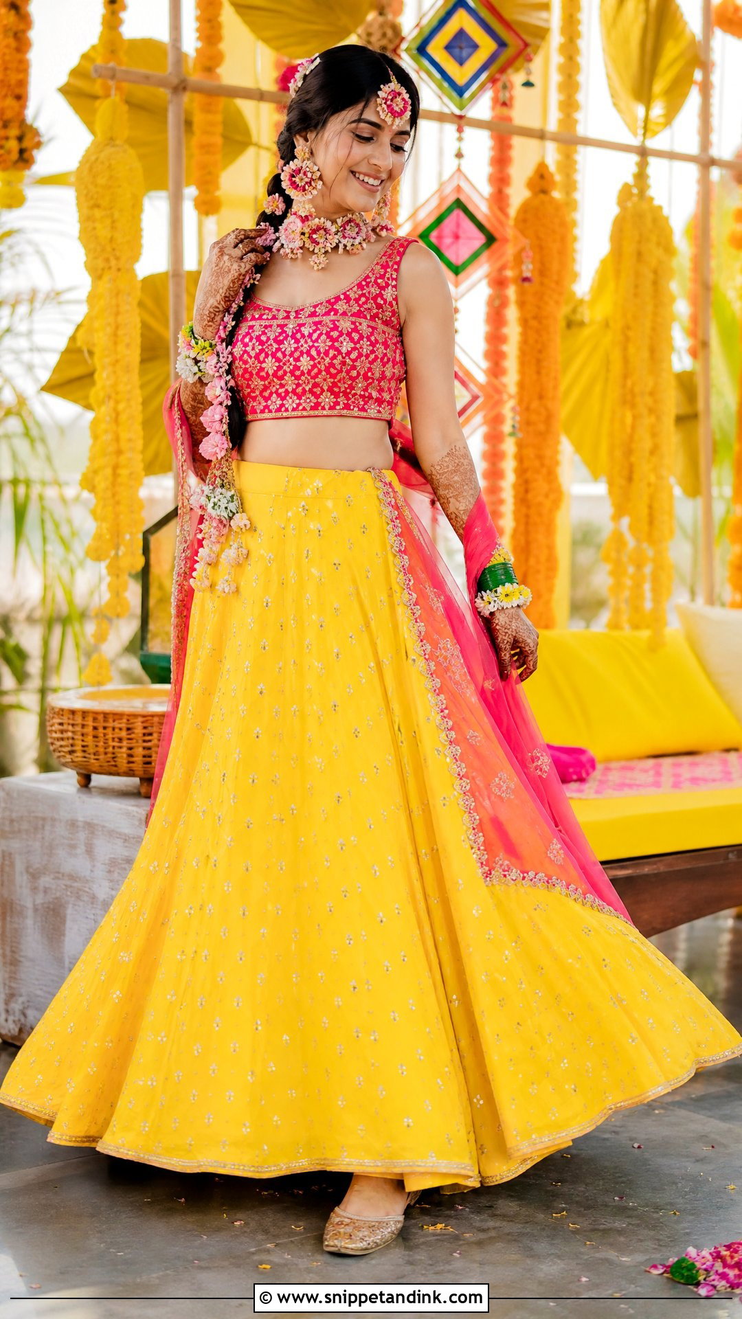 Pink And Yellow Lehenga Haldi Outfit - Snippet and Ink - 25 Aesthetic Haldi Outfits