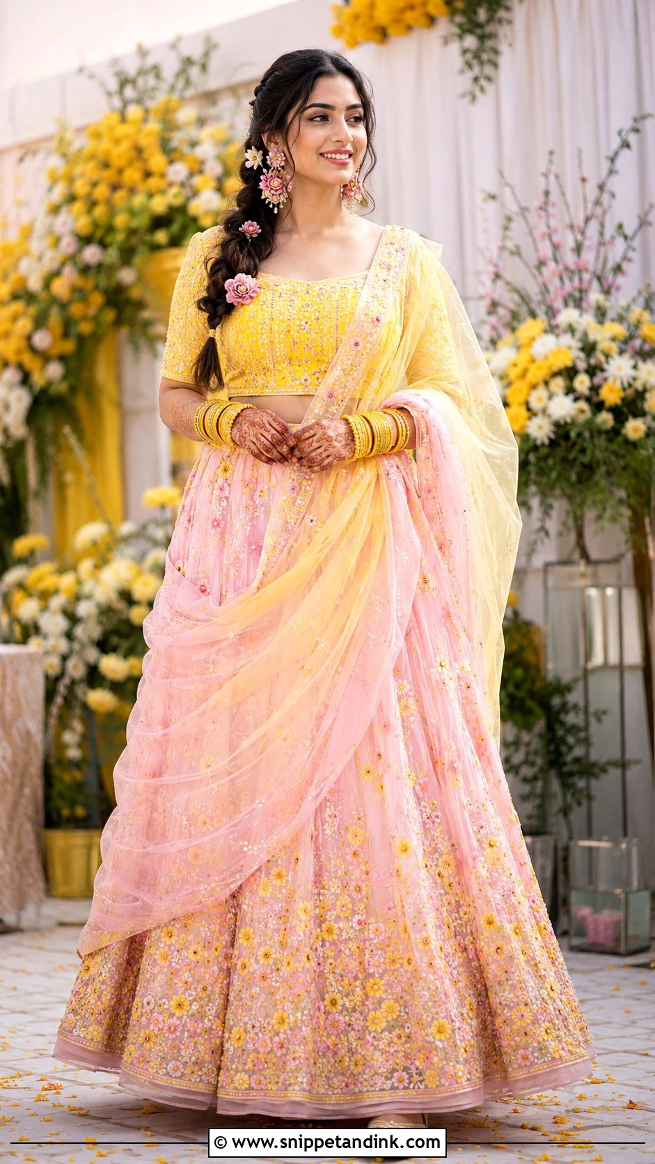 Pink And Yellow Lehenga Haldi Outfit - Snippet and Ink - 20 Bride Haldi Dress Ideas