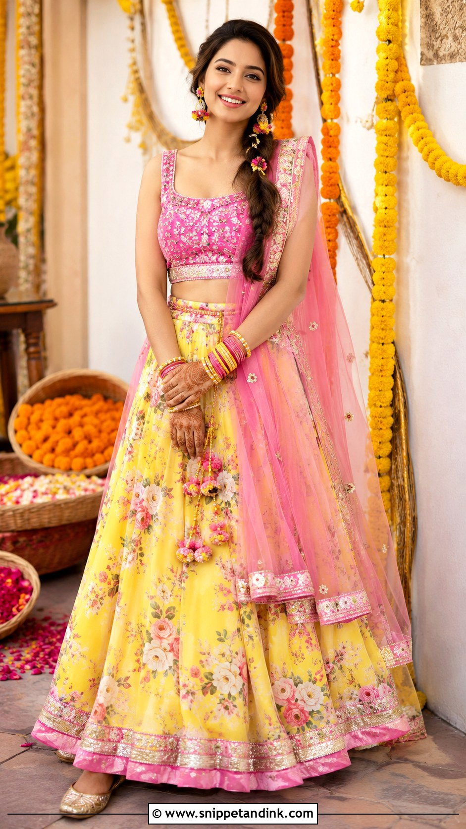 Pink And Yellow Lehenga Haldi Outfit - Snippet and Ink - 20 Haldi Ceremony Outfit for Girls Ideas