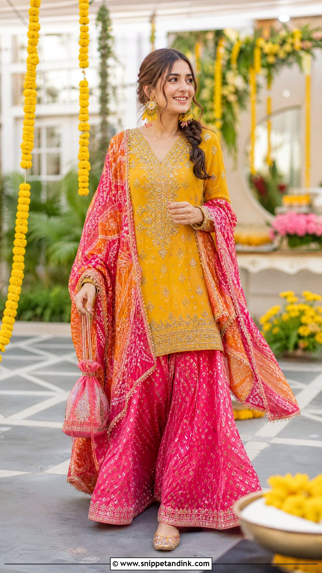 Pink And Yellow Mehendi Sharara - Snippet and Ink - 20 Pink Mehendi Outfit Ideas
