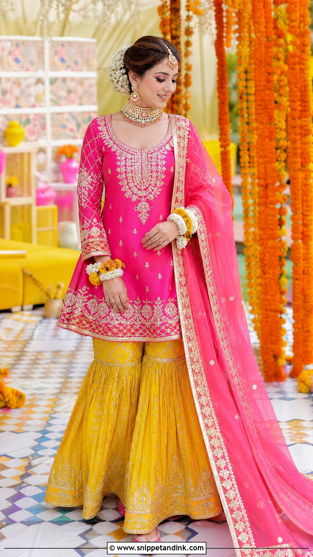 Pink And Yellow Mehndi Bridal Gharara - Snippet and Ink - 20 Pakistan Mehndi Bridal Outfit Ideas