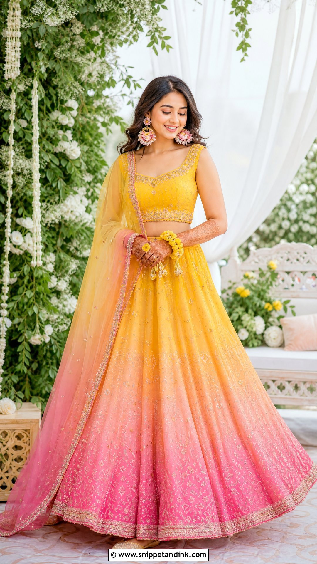 Pink And Yellow Ombre Haldi Lehenga - Snippet and Ink - 20 Unique Haldi Outfit for Bride Ideas