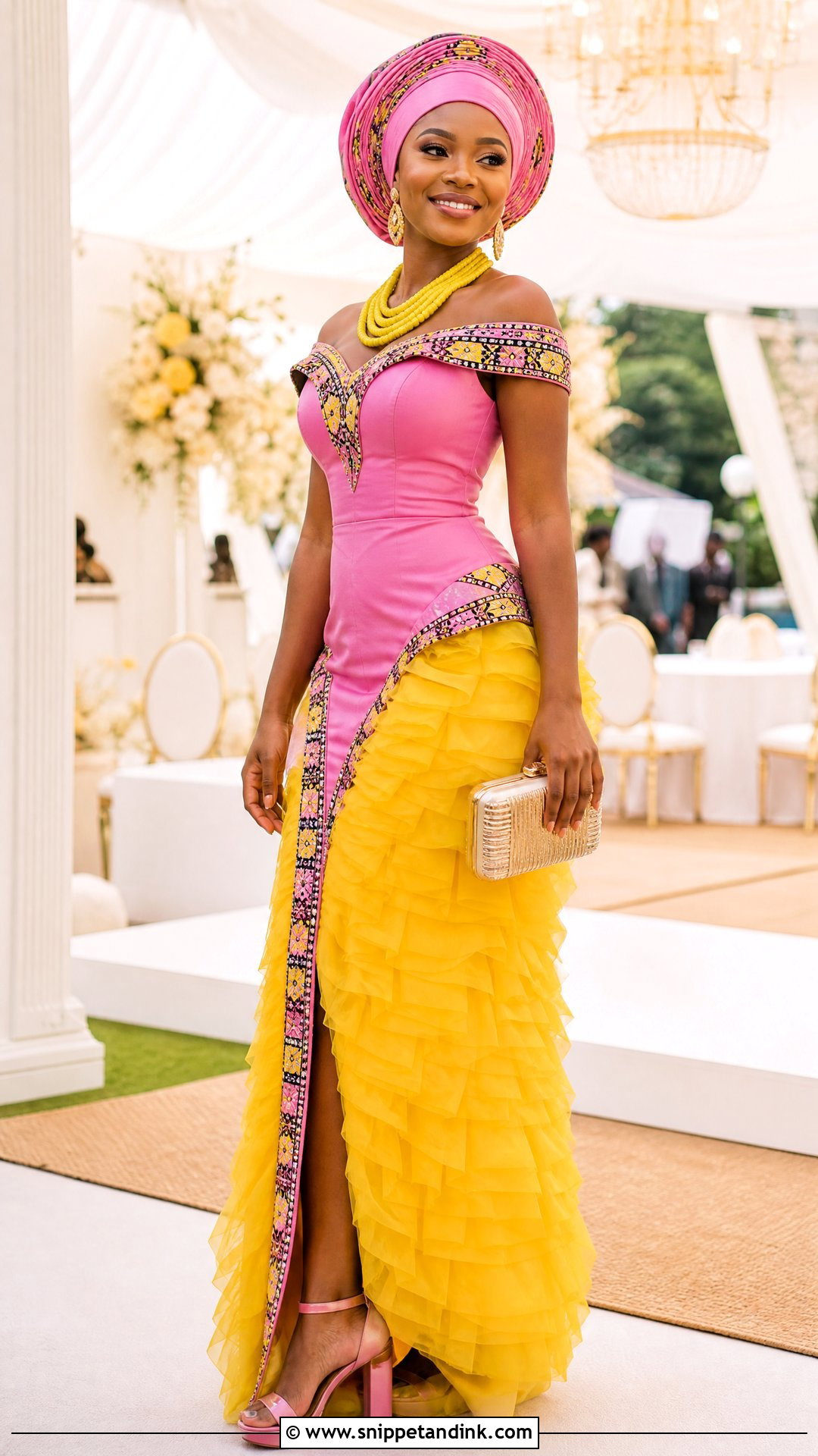 Pink And Yellow Sepedi Wedding Dress - Snippet and Ink - 25 Sepedi Traditional Wedding Dresses