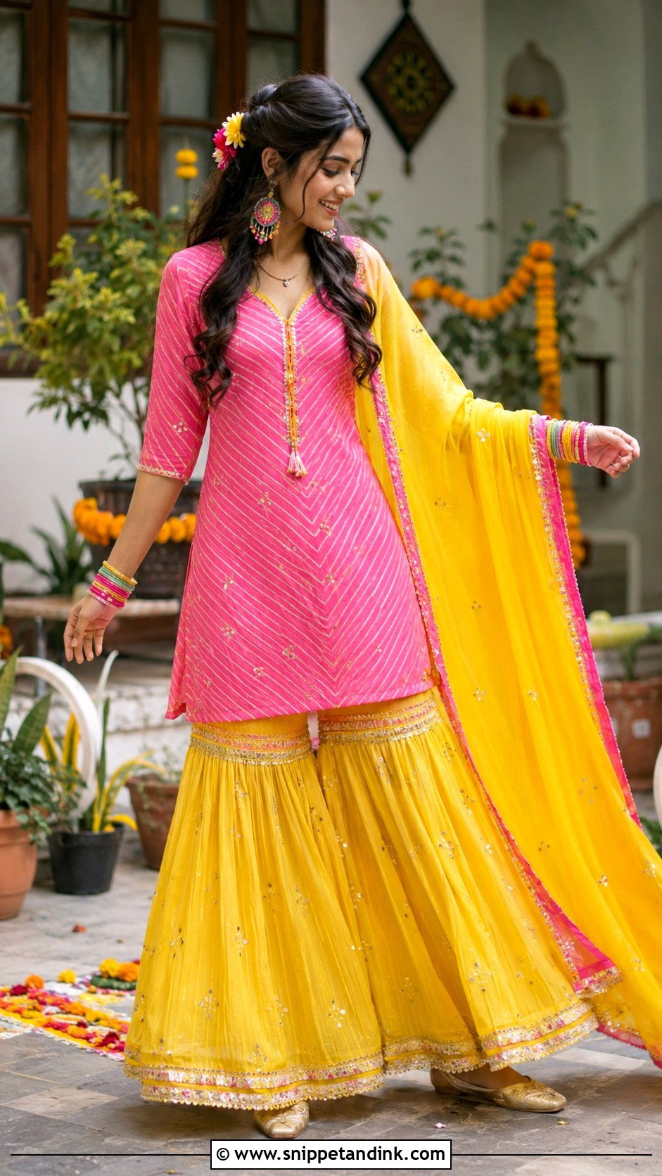 Pink And Yellow Sharara Haldi Outfit - Snippet and Ink - 20 Haldi Inspo Outfit Ideas