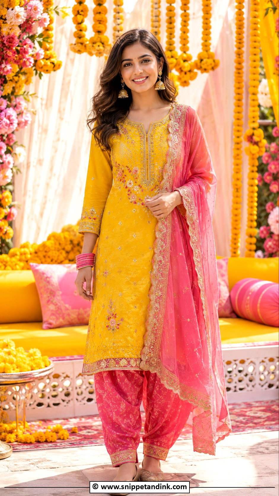 Pink And Yellow Suit For Haldi - Snippet and Ink - 30 Indian Haldi Ceremony Outfit for Sister Ideas