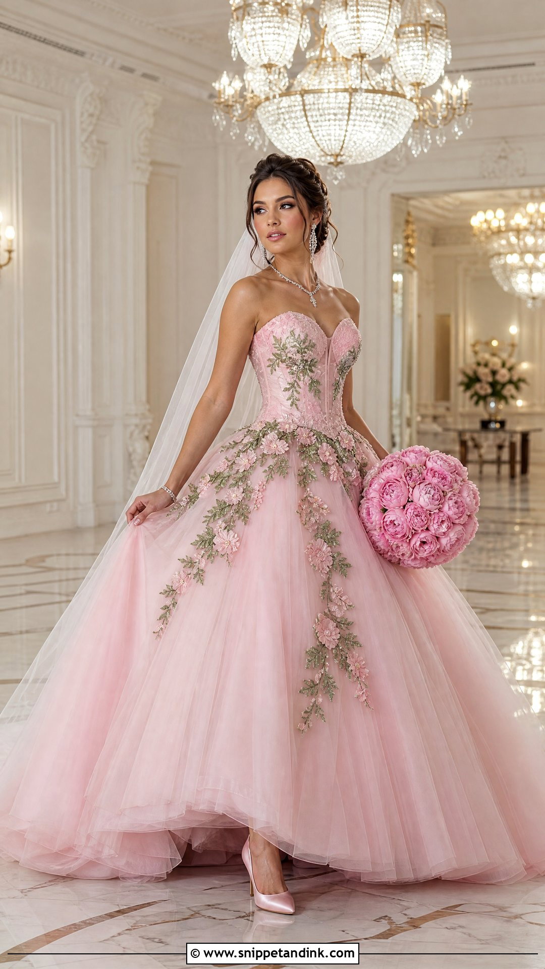 Pink Ball Gown With Green Floral Appliques - Snippet and Ink - 20 Pink and Green Wedding Dress Ideas