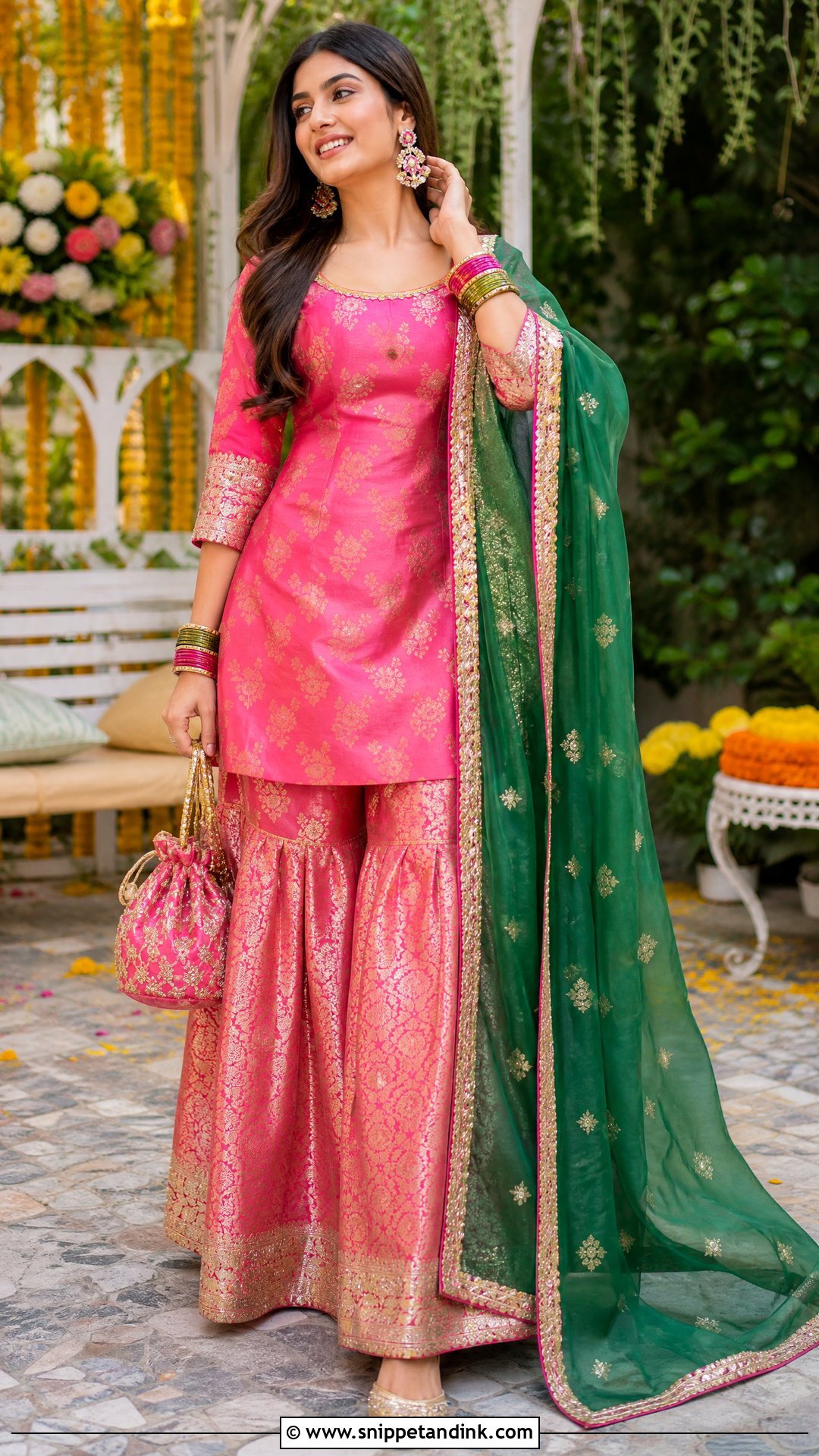 Pink Banarasi Garara With Green Dupatta - Snippet and Ink - 20 Latest Garara Designs for Wedding