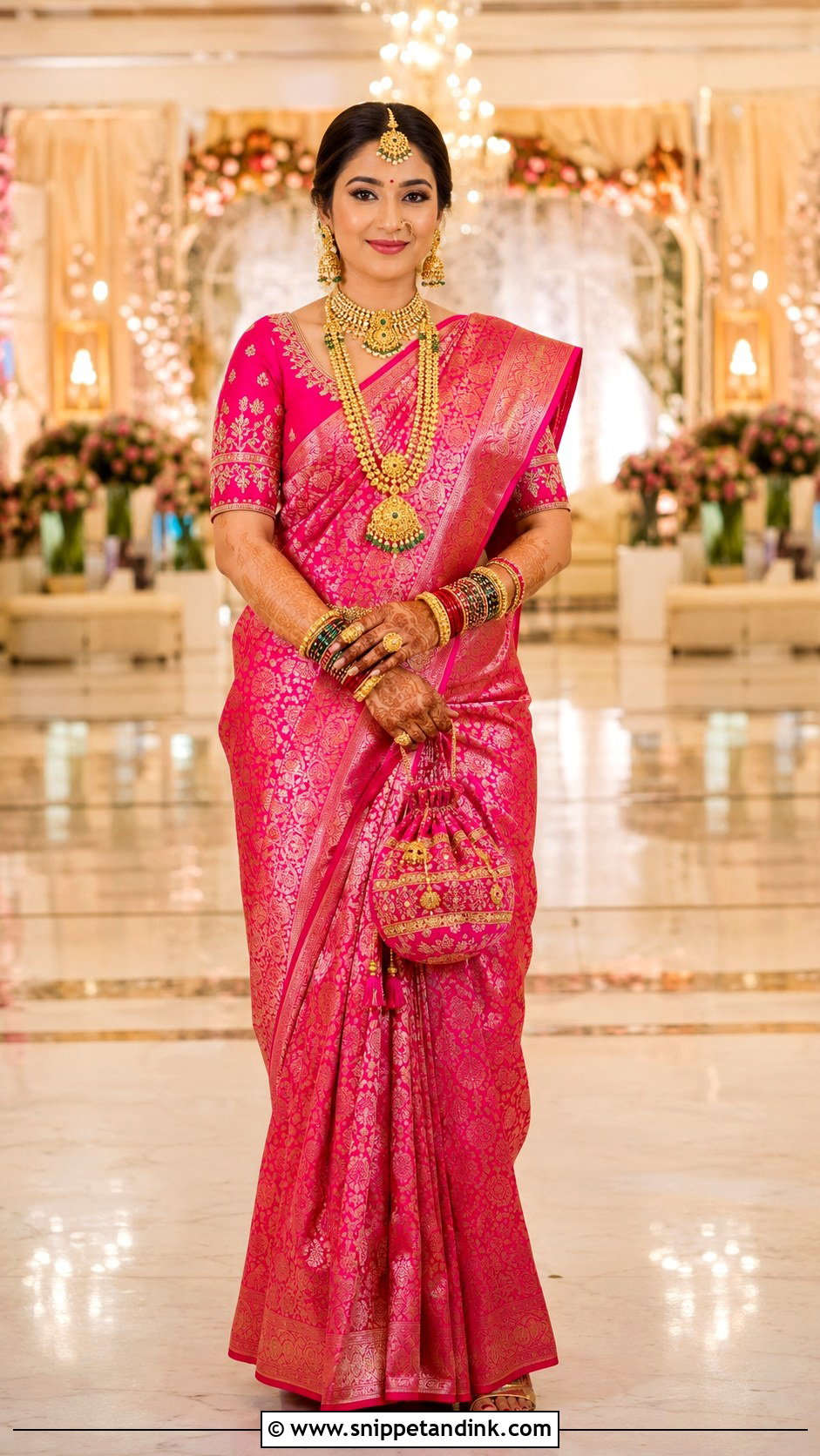 Pink Banarasi Saree With Ruby Emerald Bangles - Snippet and Ink - 20 Bridal Bengal Set Ideas