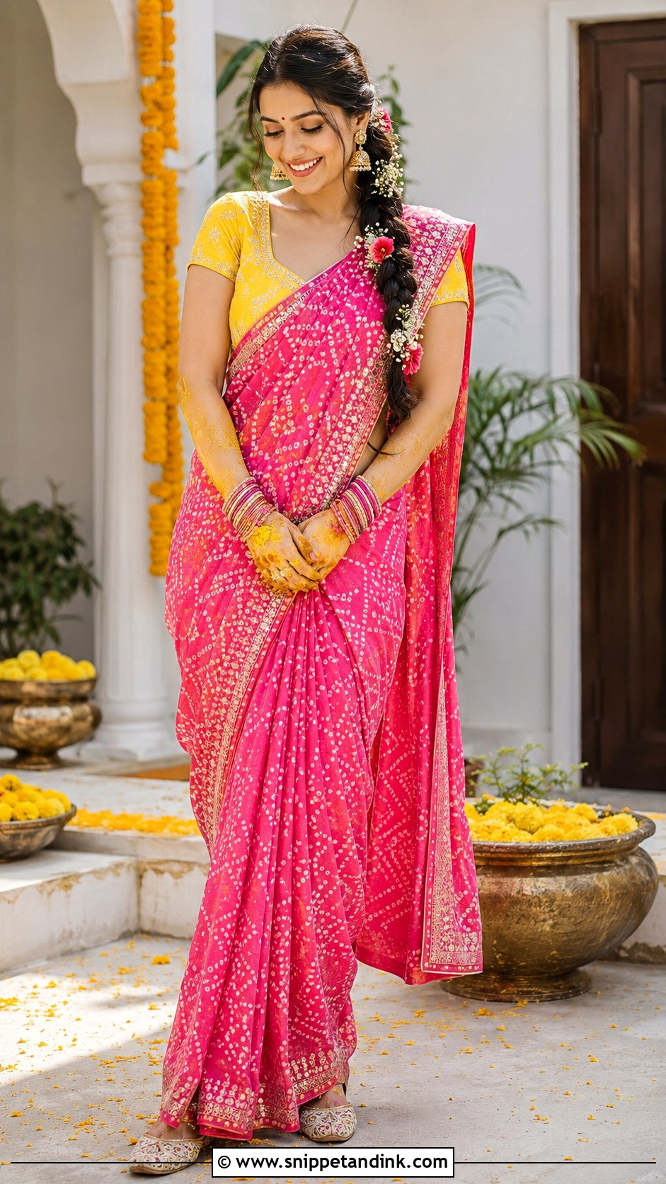 Pink Bandhani Saree Haldi Bride Outfit - Snippet and Ink - 20 Haldi Mehndi Outfit for Bride Ideas