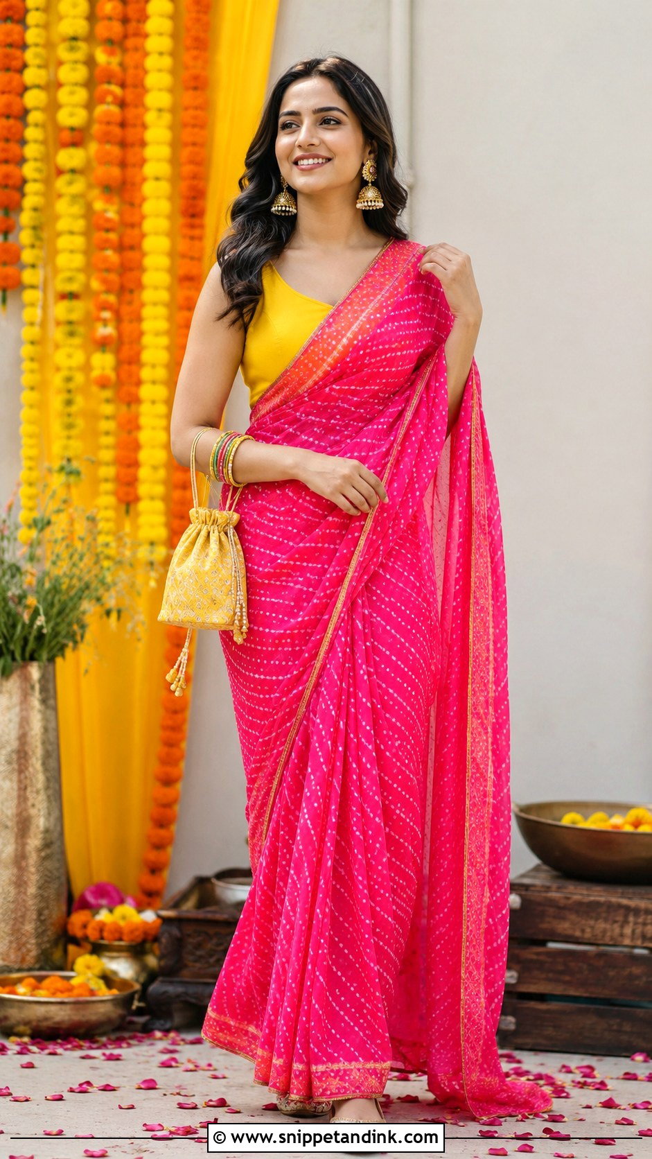 Pink Bandhani Saree Haldi Outfit - Snippet and Ink - 20 Colourful Haldi Outfit Ideas