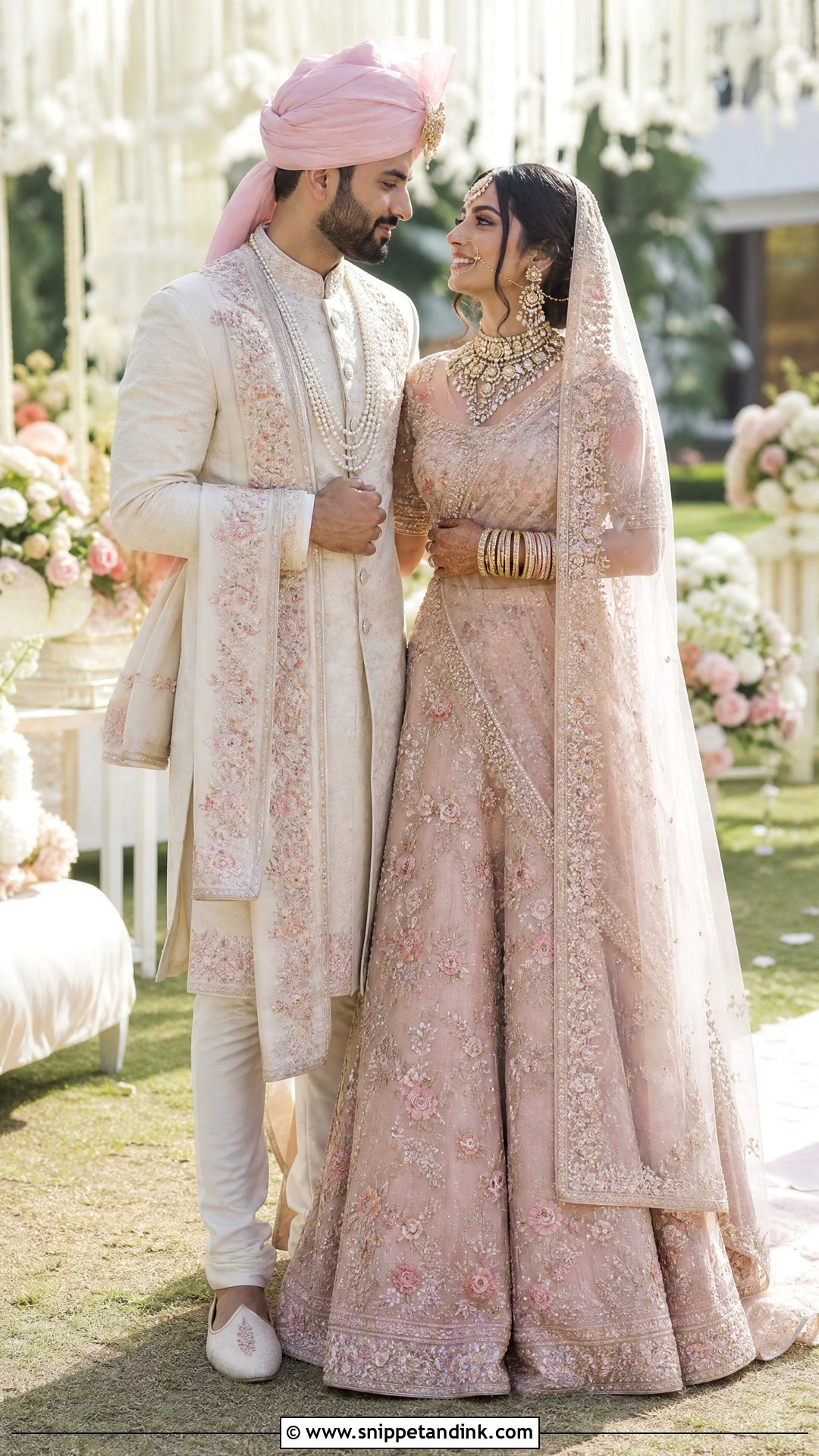 Pink Bridal Lehenga And Ivory Sherwani Couple Outfit - Snippet and Ink - 20 Indian Bridal Couple Dress Ideas