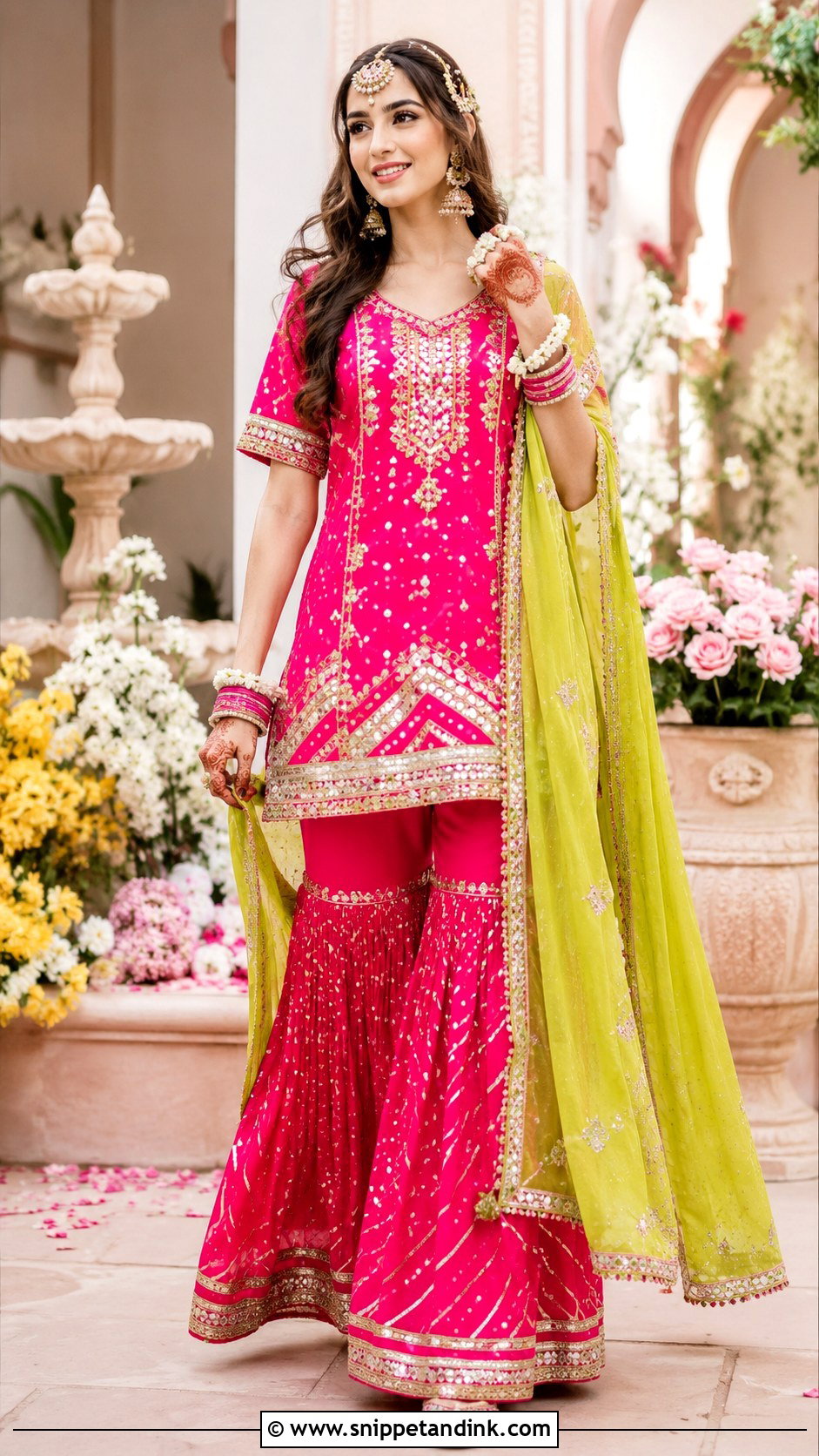Pink Bridal Mehendi Gharara - Snippet and Ink - 20 Bridal Mehendi Outfit Ideas