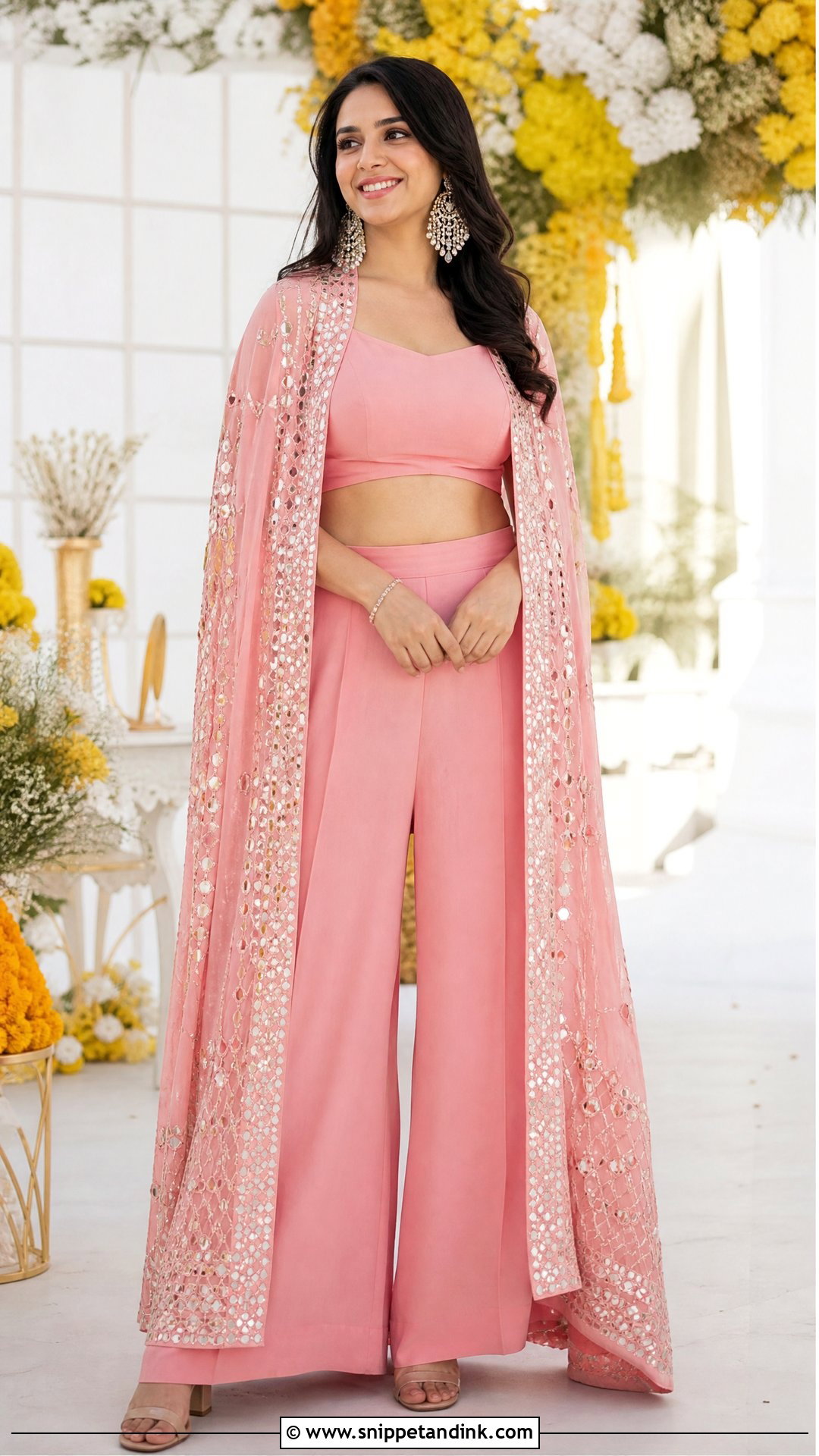 Pink Cape And Palazzo Co Ord Set For Haldi - Snippet and Ink - 20 Pink Haldi Outfit Ideas