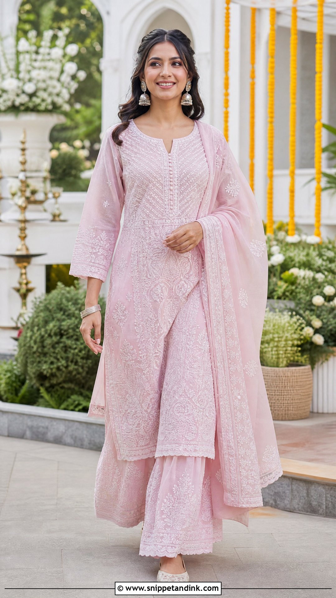 Pink Chikankari Kurta And Palazzo Set - Snippet and Ink - 20 Pink Haldi Outfit Ideas