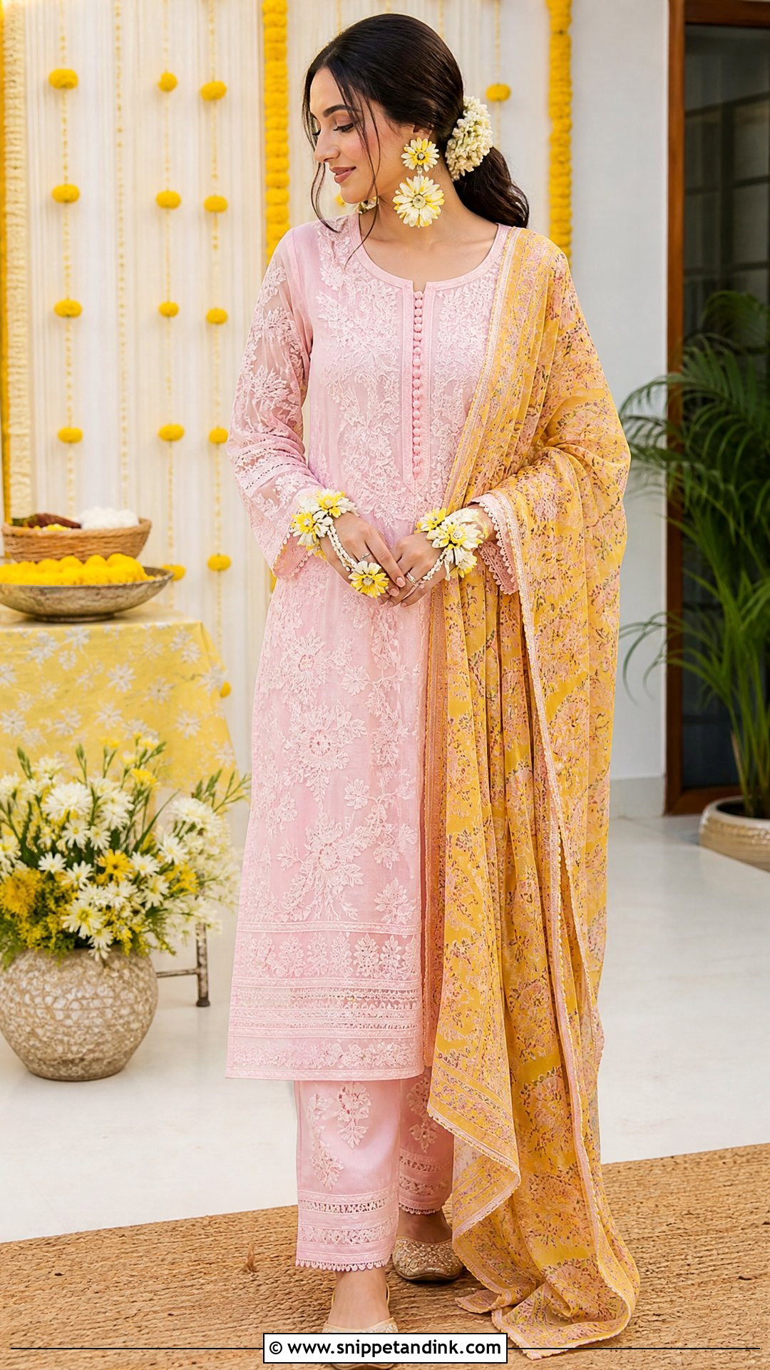 Pink Chikankari Kurta Set for Haldi - Snippet and Ink - 20 Pink Haldi Outfit for Bride Ideas