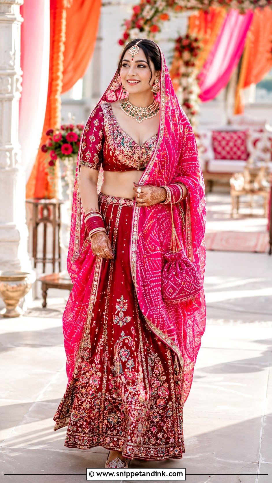Pink Chundadi With Red Bridal Lehenga - Snippet and Ink - 20 Chundadi Design for Marriage Ideas
