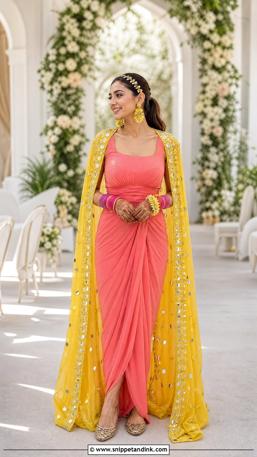 Pink Draped Dress With Yellow Cape - Snippet and Ink - 20 Western Pithi Outfit Brides Ideas