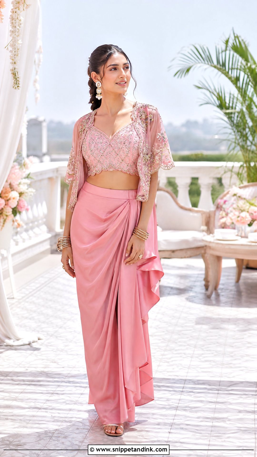 Pink Draped Skirt and Crop Top for Haldi - Snippet and Ink - 20 Pink Outfit for Haldi Ideas