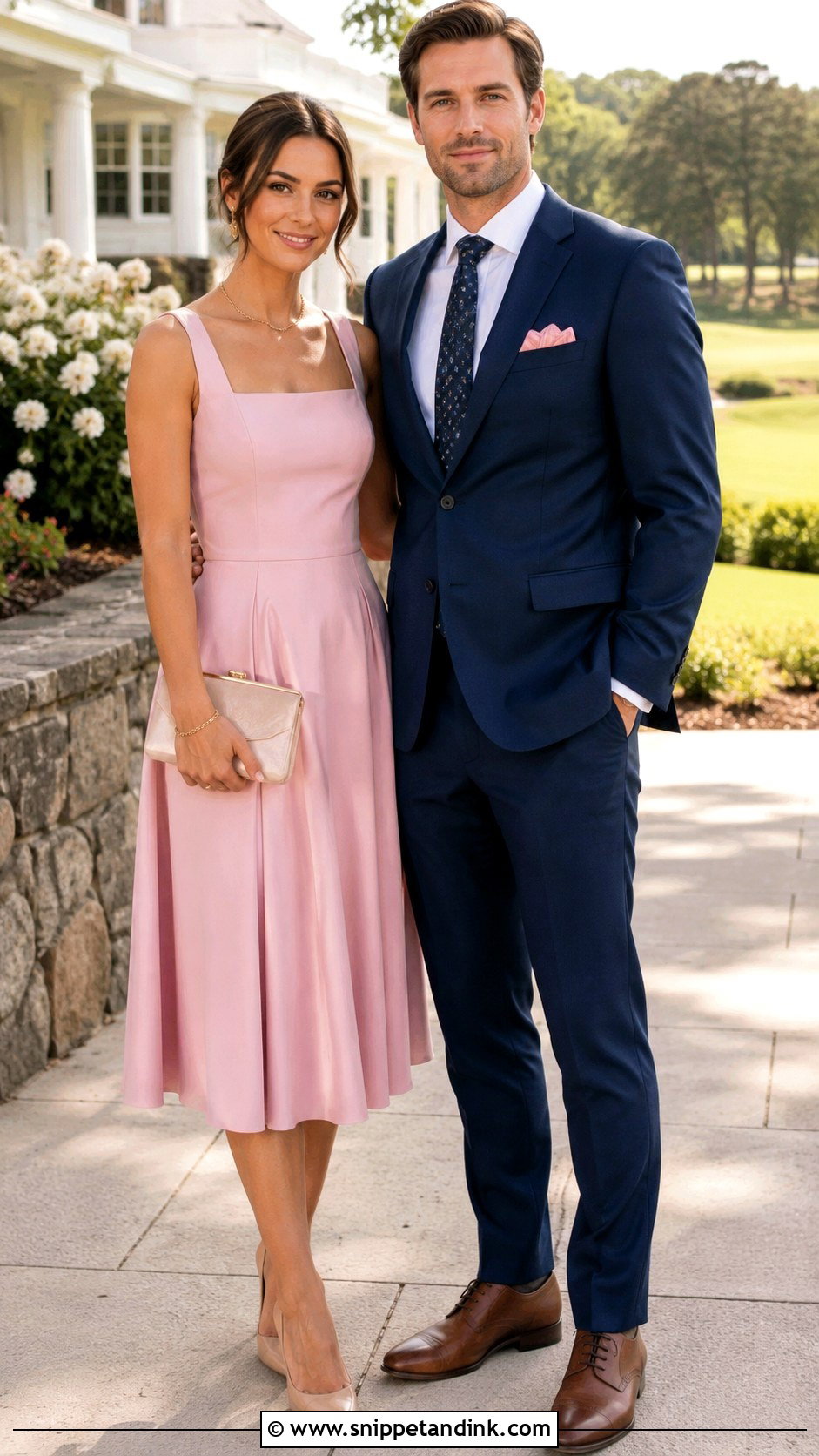 Pink Dress and Blue Suit Wedding Couple Outfit - Snippet and Ink - 20 Matching Couple Outfits for Wedding
