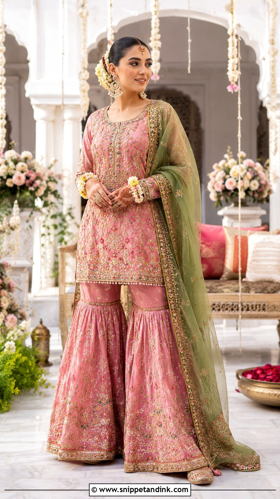 Pink Embroidered Mehendi Gharara - Snippet and Ink - 20 Bridal Mehendi Outfits