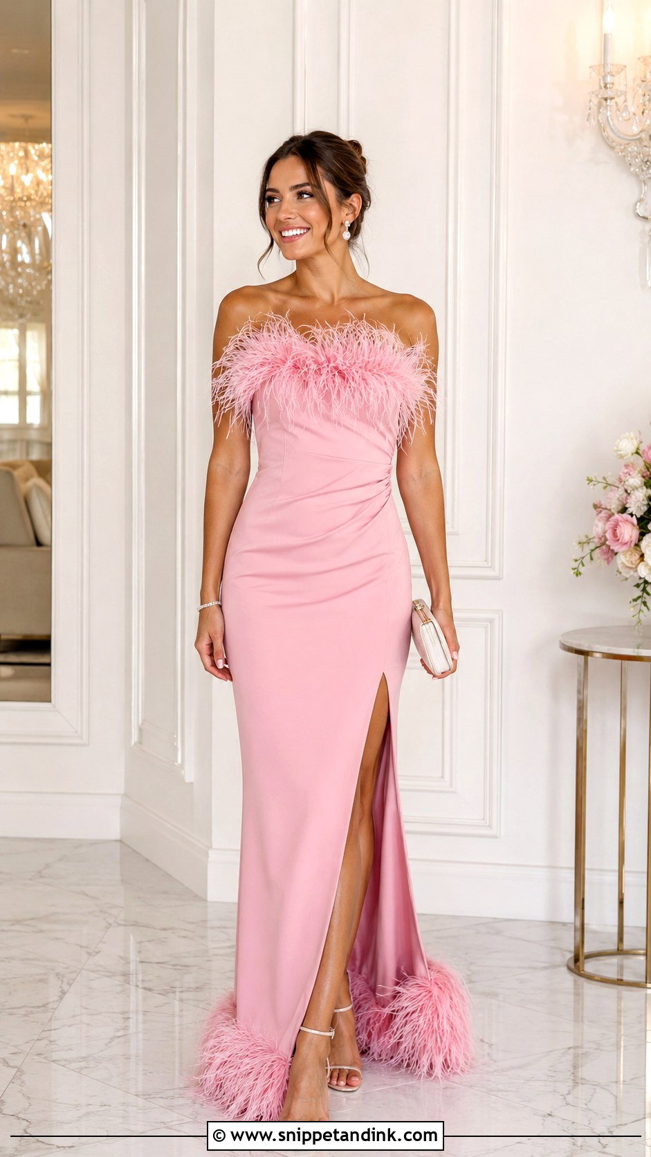 Pink Feather Trim Gown - Snippet and Ink - 30 Pink Gowns
