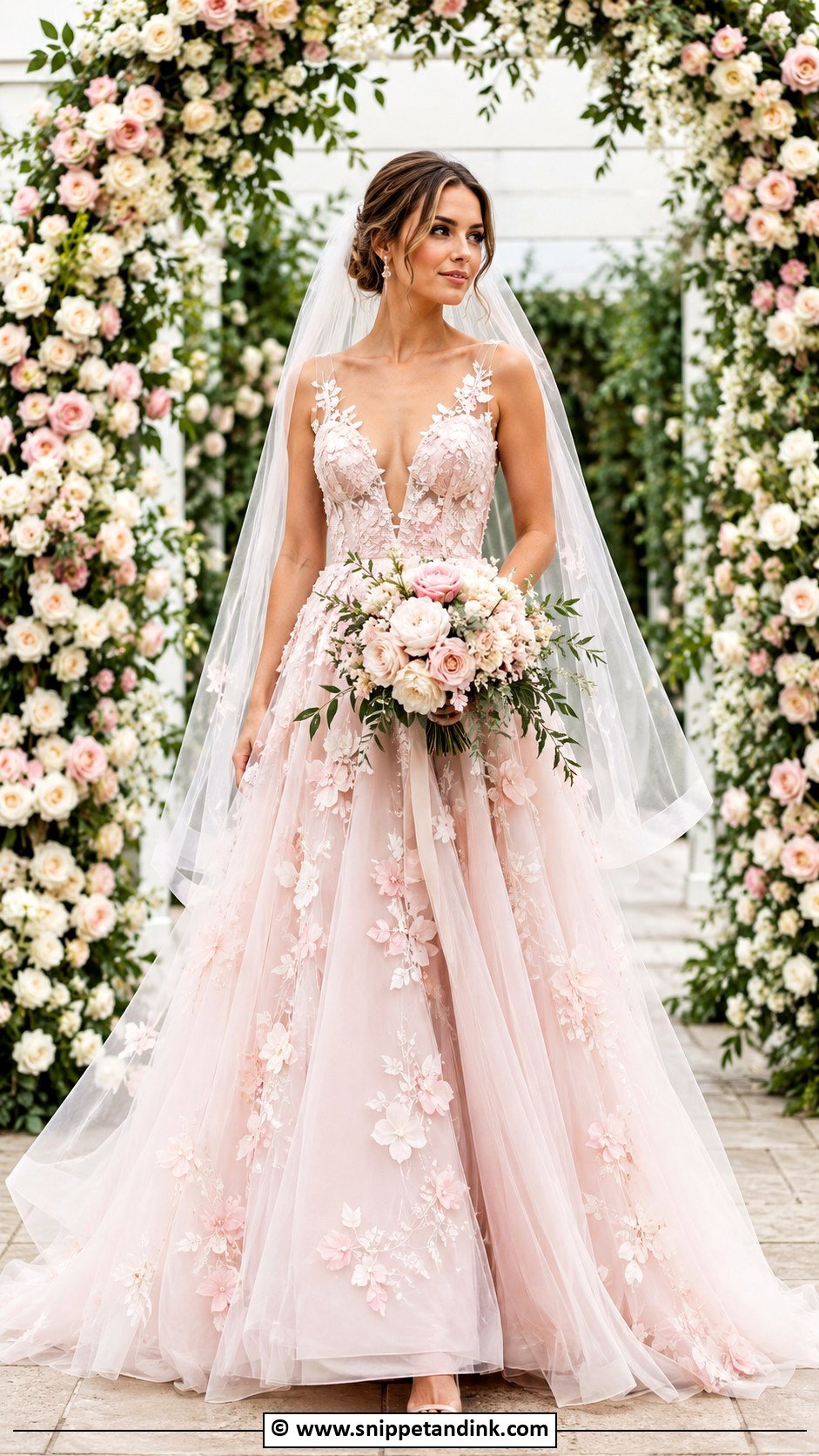 Pink Floral Applique Wedding Dress - Snippet and Ink - 35 Pink Wedding Dress Ideas