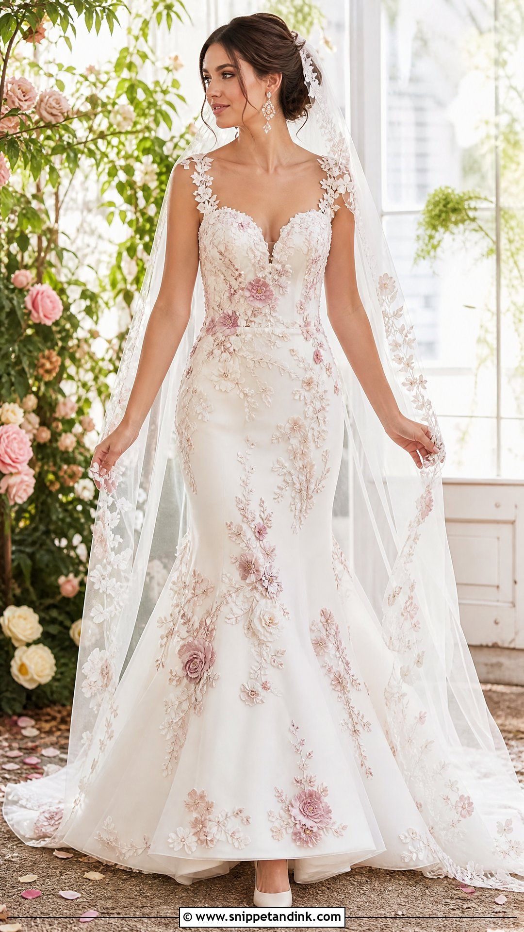 Pink Floral Applique White Wedding Dress - Snippet and Ink - 20 Pink White Wedding Dress Ideas