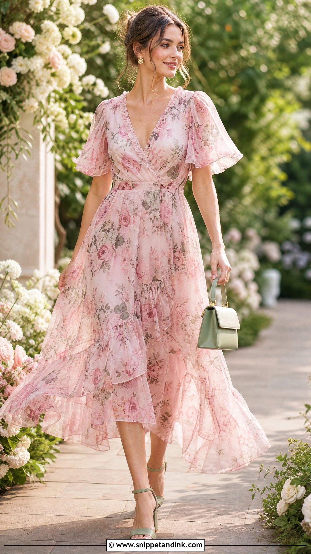 Pink Floral Chiffon Midi Dress Wedding Outfit - Snippet and Ink - 20 Pink Wedding Outfit Ideas