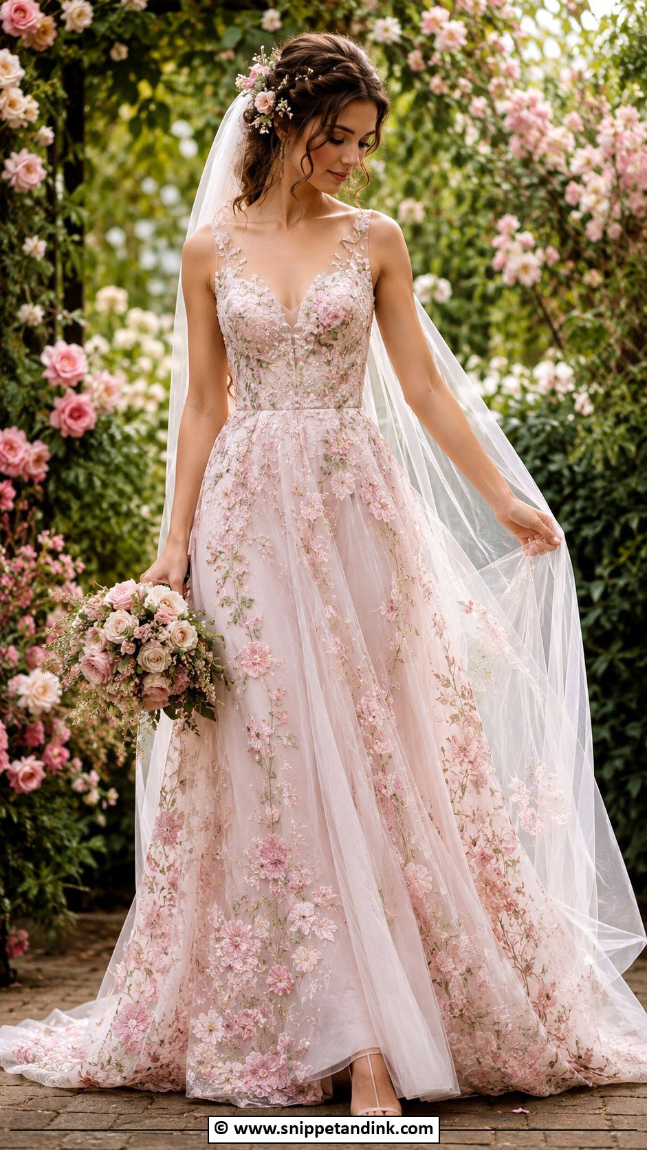 Pink Floral Embroidered Wedding Dress - Snippet and Ink - 35 Pink Wedding Dress Ideas