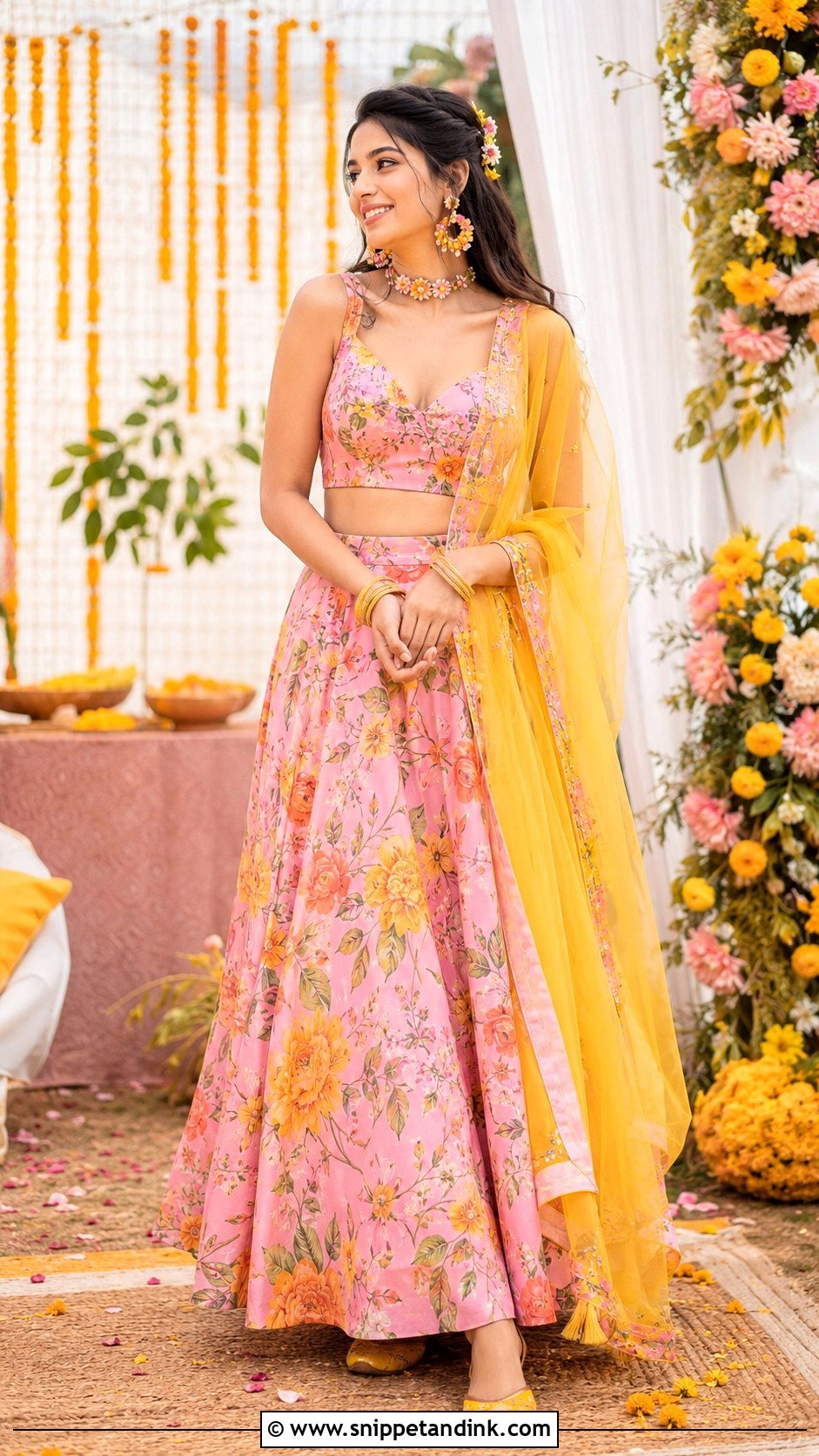 Pink Floral Haldi Lehenga - Snippet and Ink - 20 Haldi Lengha Ideas