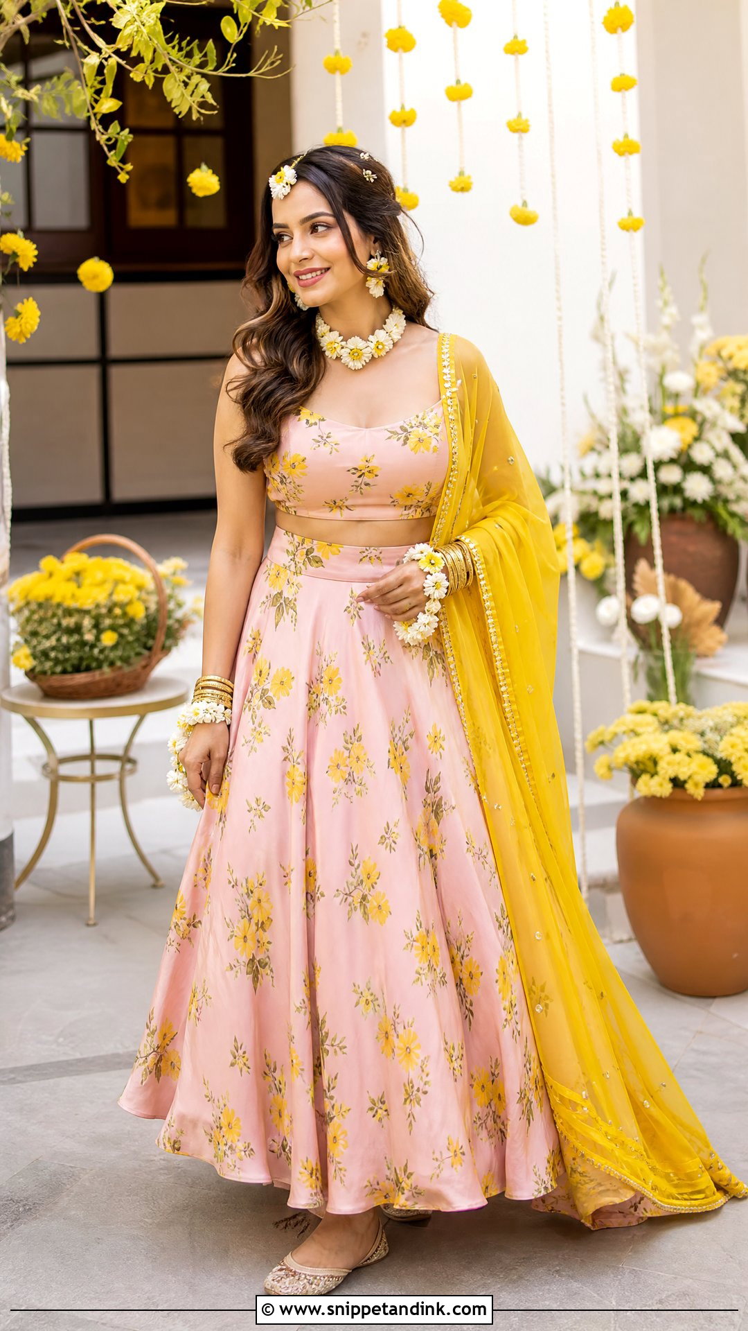 Pink Floral Haldi Outfit - Snippet and Ink - 25 Simple Haldi Outfit for Bride Ideas