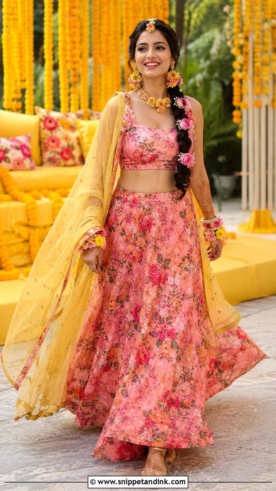 Pink Floral Lehenga Bride Haldi Outfit - Snippet and Ink - 20 Bride Haldi Outfit Ideas