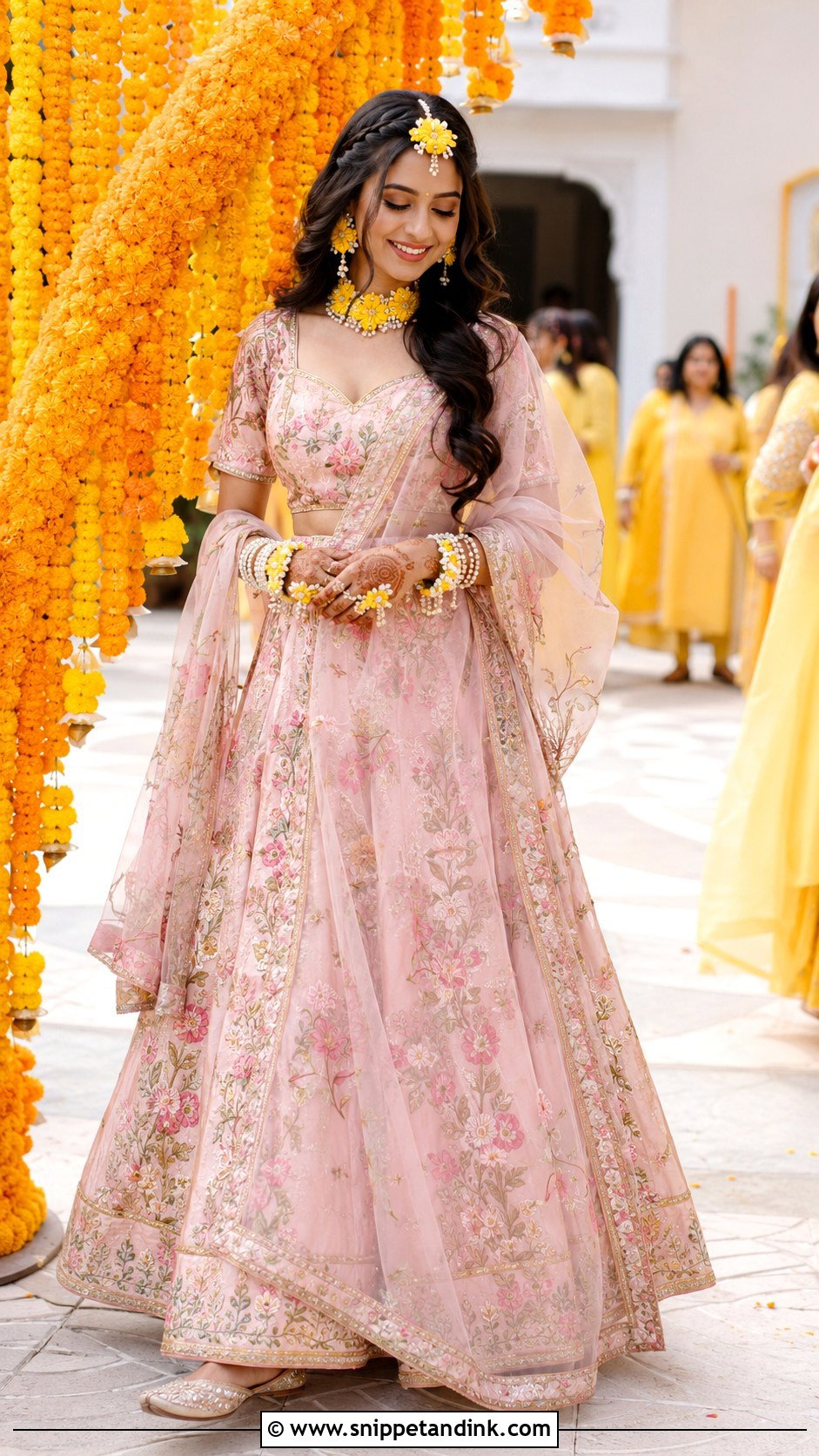 Pink Floral Lehenga Haldi Outfit - Snippet and Ink - 20 Haldi Rasam Dress Ideas
