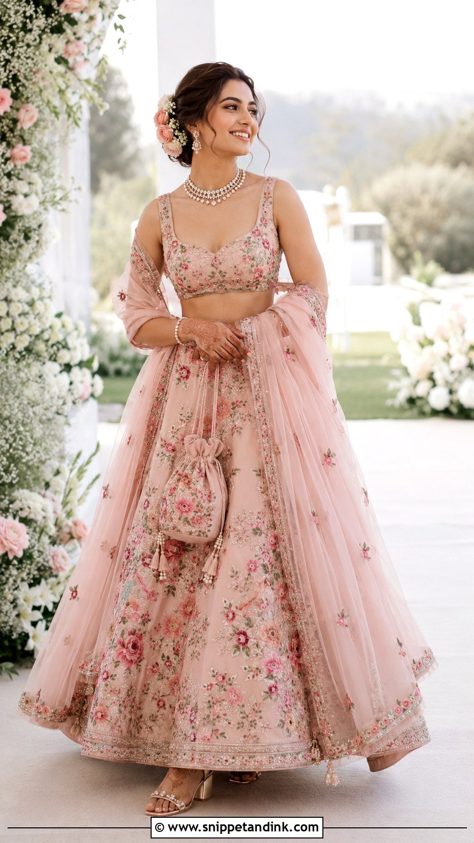 Pink Floral Lehenga With Pearl Jewelry - Snippet and Ink - 20 South Asian Wedding Dress Ideas