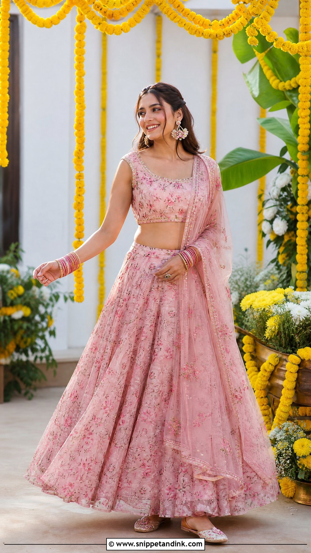 Pink Floral Lehenga for Haldi - Snippet and Ink - 20 Pink Outfit for Haldi Ideas
