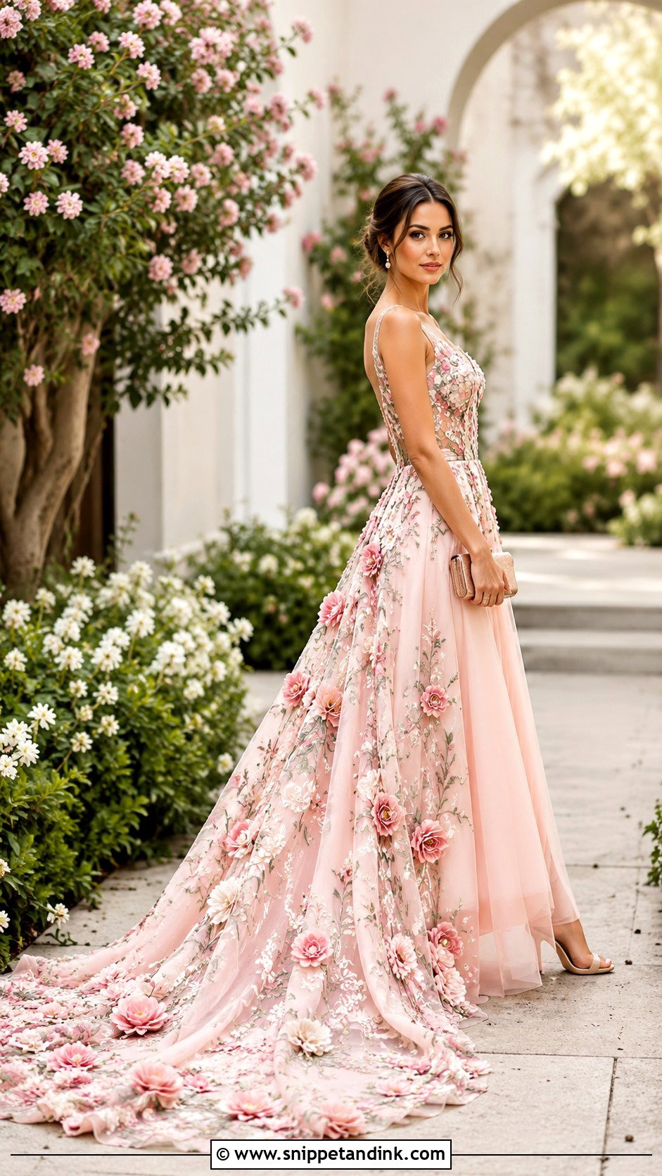 Pink Floral Long Trail Gown - Snippet and Ink - 20 Long Trail Gown Ideas