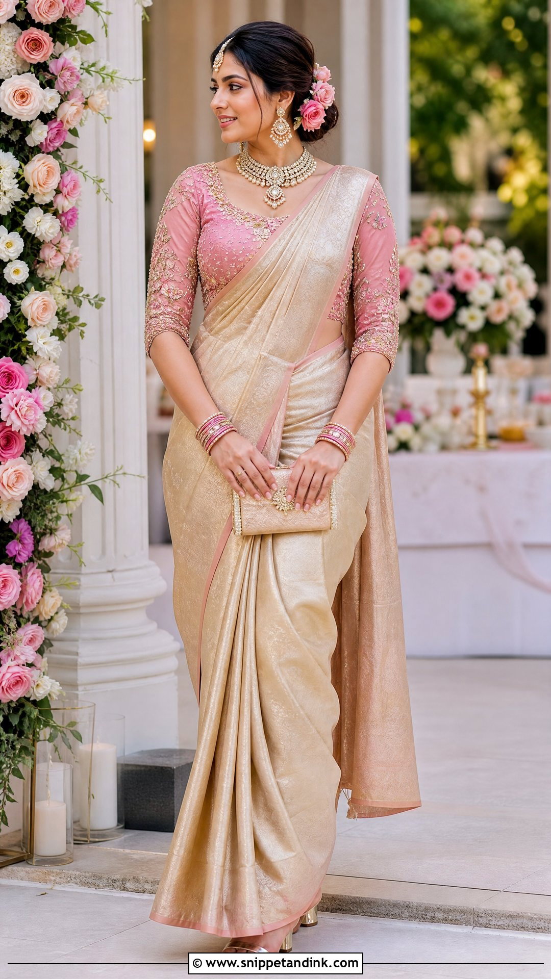 Pink Floral Maggam Work Blouse With Gold Saree - Snippet and Ink - 20 Wedding Maggam Work Blouse Designs
