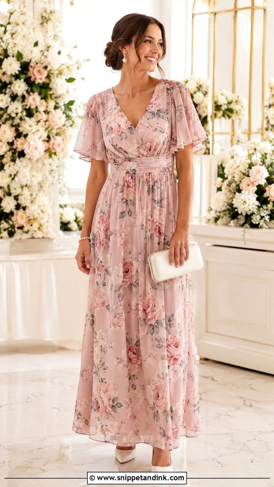 Pink Floral Maid of Honor Dress With Pearl Jewelry - Snippet and Ink - 20 Floral Maid of Honor Dress Ideas