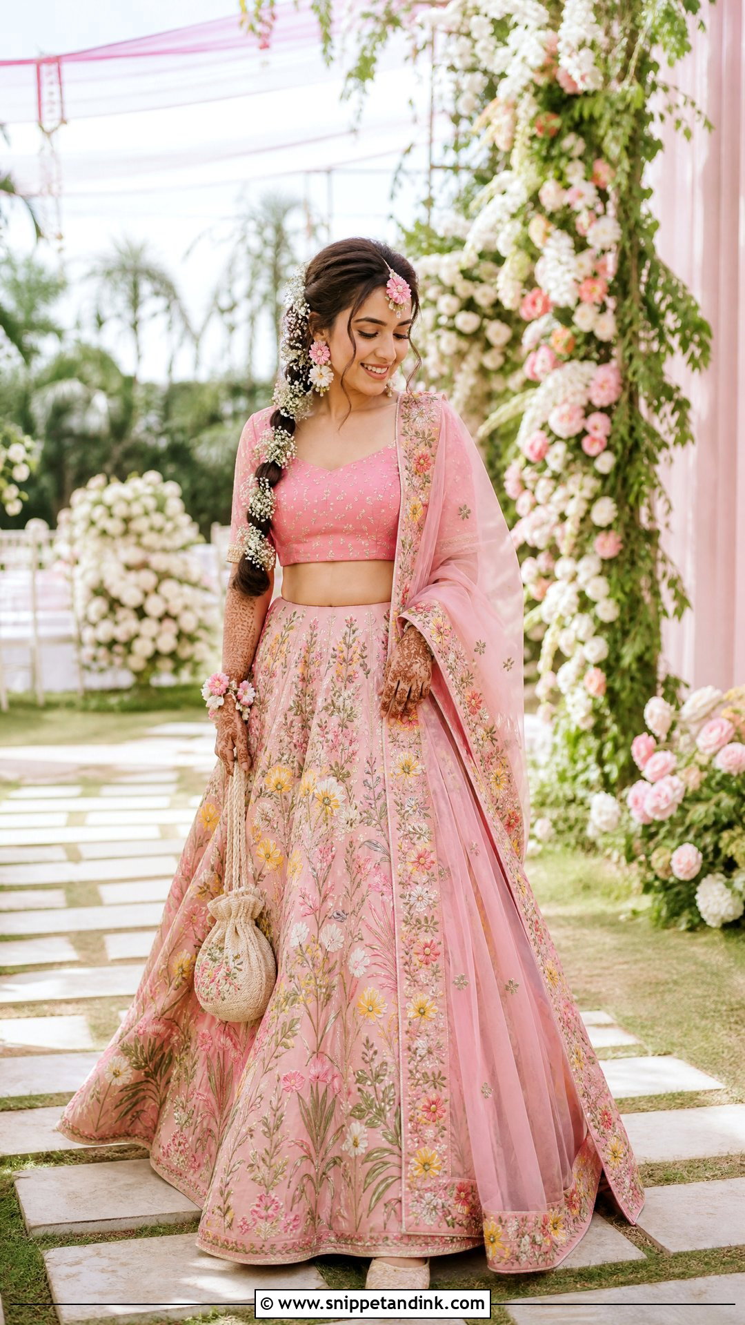 Pink Floral Mehendi Lehenga - Snippet and Ink - 20 Pink Mehendi Outfit Ideas