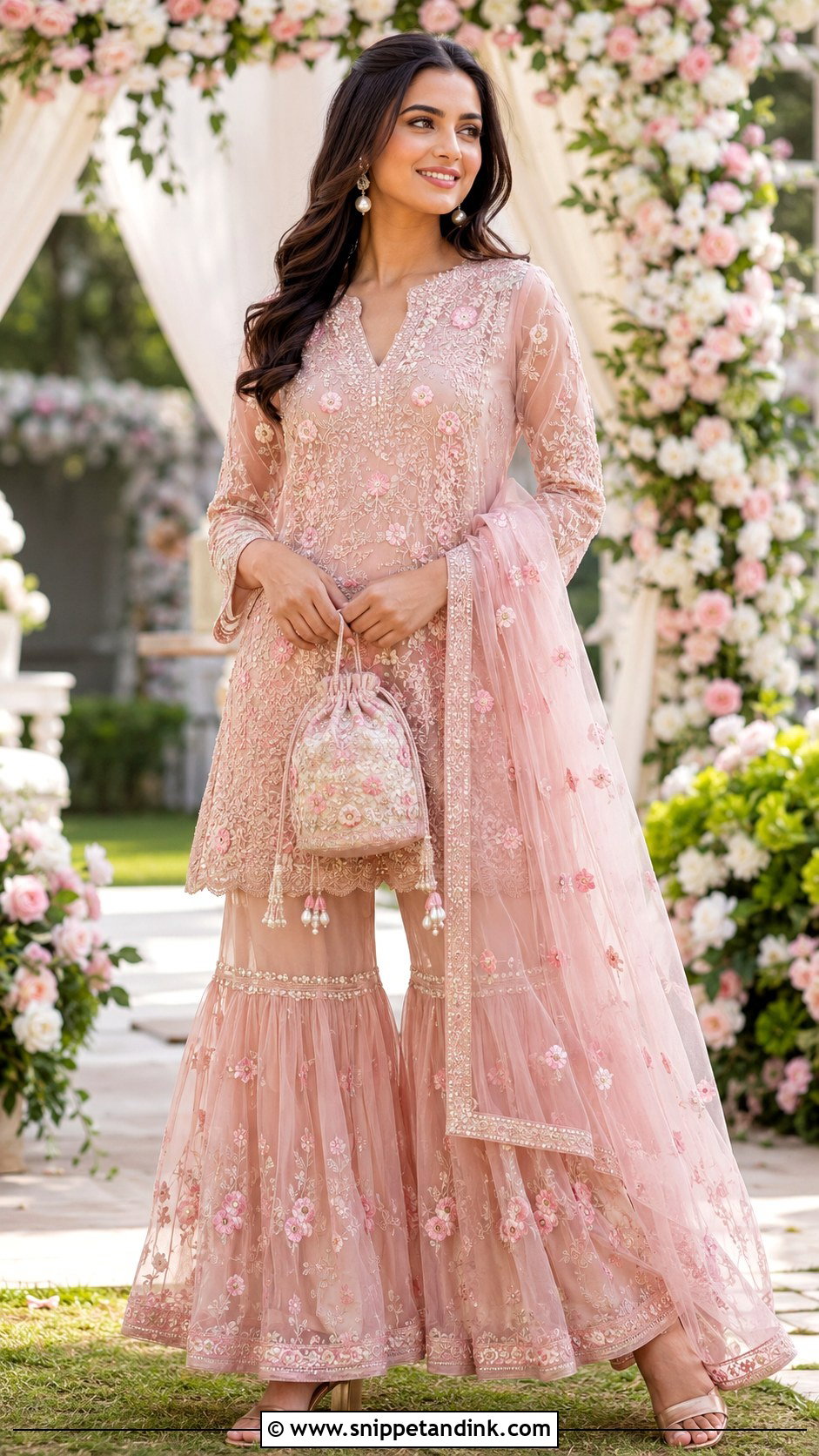 Pink Floral Net Sharara - Snippet and Ink - 20 Net Sharara Ideas