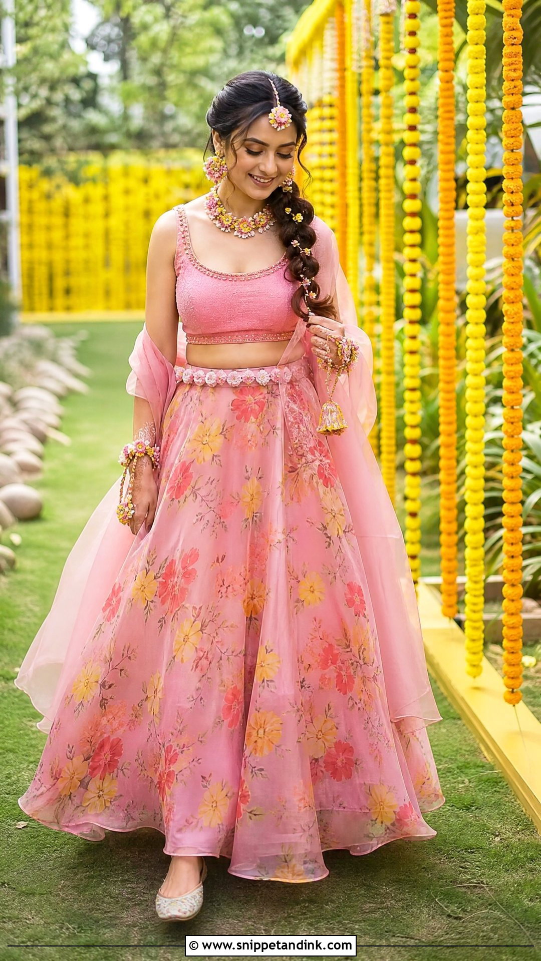 Pink Floral Print Lehenga for Haldi - Snippet and Ink - 20 Pink Haldi Outfit for Bride Ideas