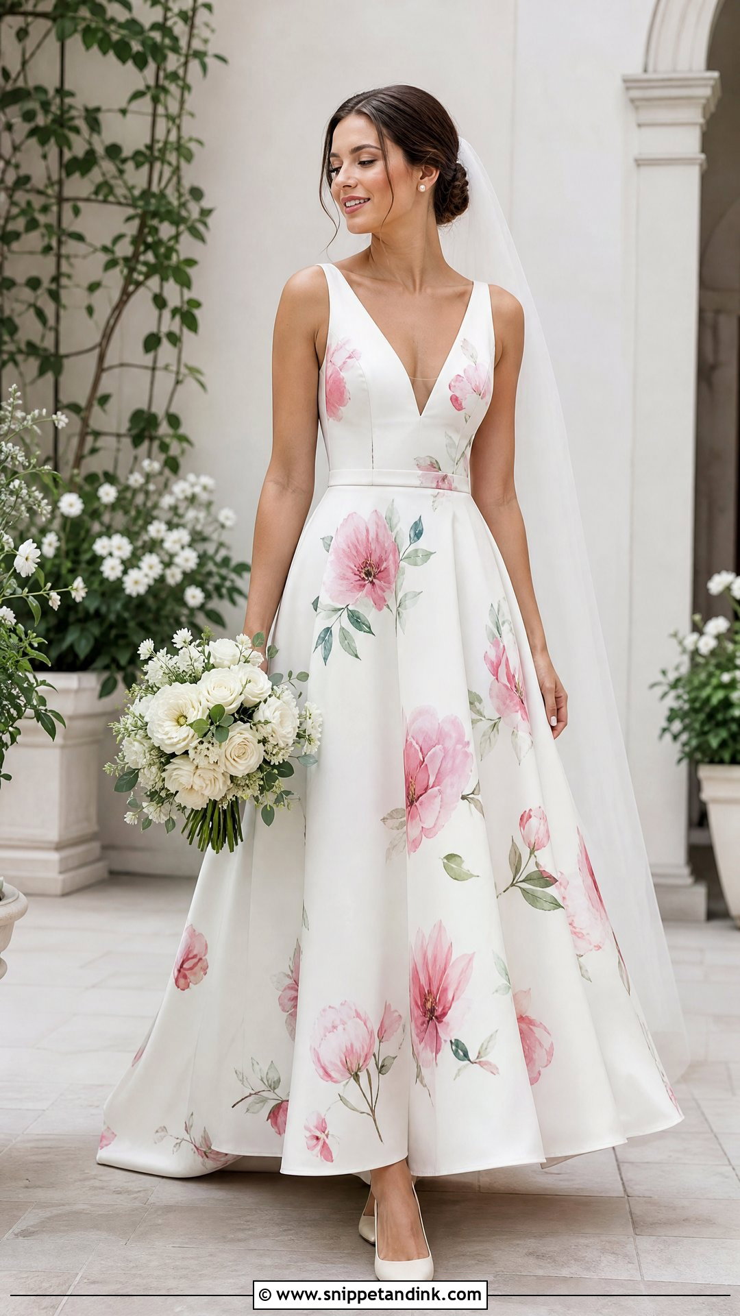 Pink Floral Print Wedding Dress With White Veil - Snippet and Ink - 25 Pink and White Wedding Dress Ideas