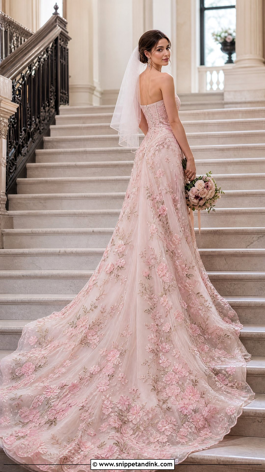 Pink Floral Train Wedding Gown - Snippet and Ink - 20 Pink Wedding Gowns