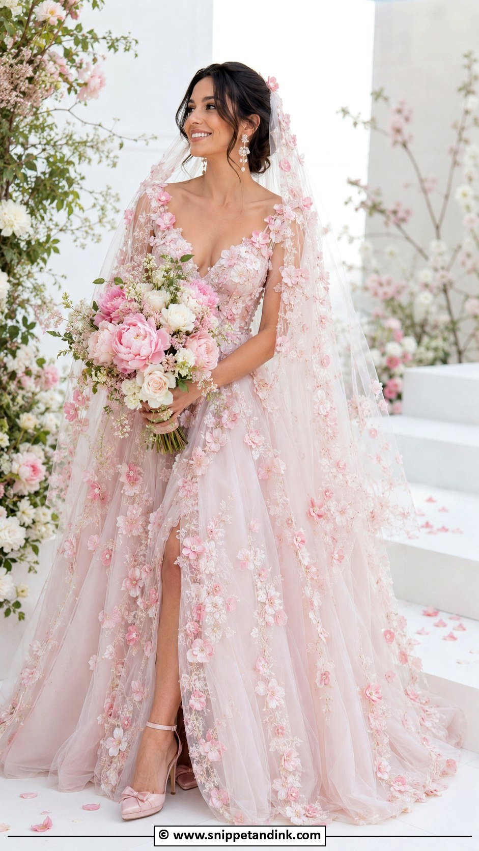 Pink Floral Wedding Dress With Matching Veil - Snippet and Ink - 30 Colorful Wedding Dress Ideas