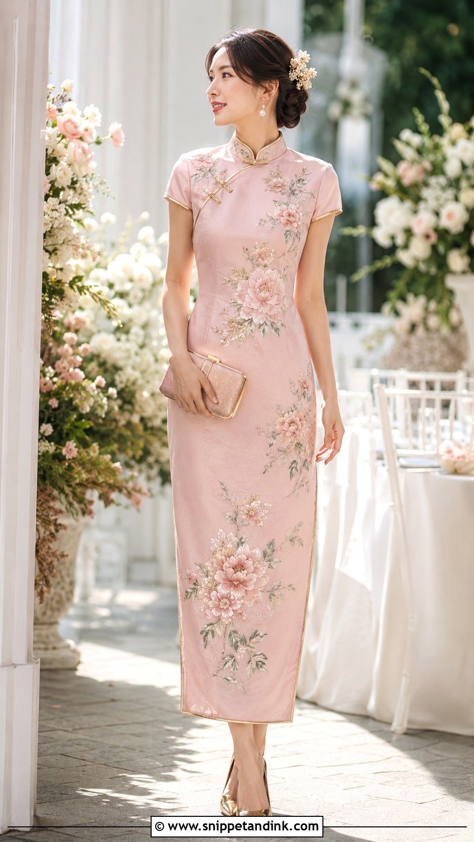 Pink Floral Wedding Qipao With Gold Heels - Snippet and Ink - 20 Wedding Qipao Ideas