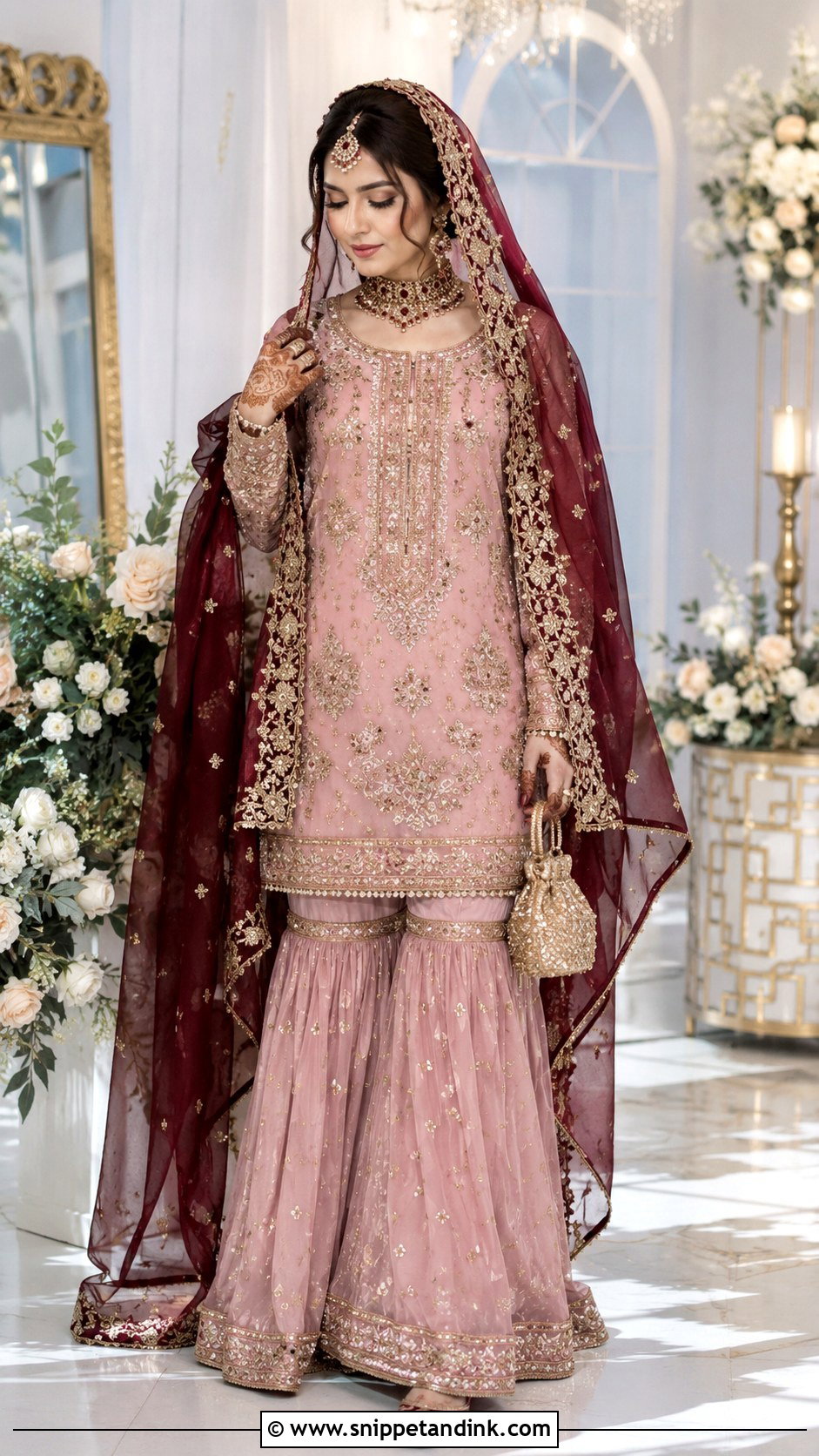 Pink Garara With Maroon Dupatta Outfit - Snippet and Ink - 20 Nikah Garara Ideas