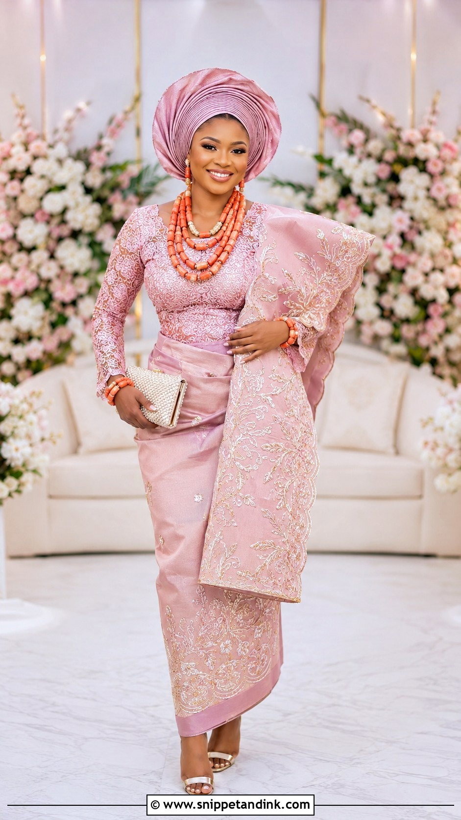 Pink George Isoko Bridal Outfit - Snippet and Ink - 20 Isoko Traditional Wedding Attire Ideas