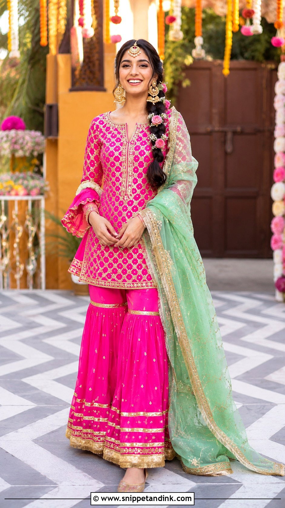Pink Gharara Bride Mehandi Outfit - Snippet and Ink - 20 Bride Mehandi Outfit Ideas