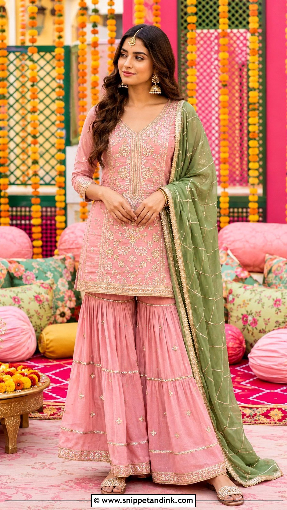Pink Gharara Mehendi Outfit - Snippet and Ink - 20 Indian Wedding Mehendi Outfits